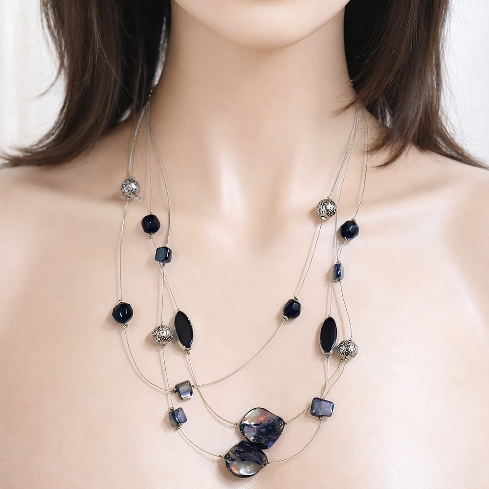 Elegant Layered Black, Silver beads Illusion Necklace - Women's Fashion Jewelry